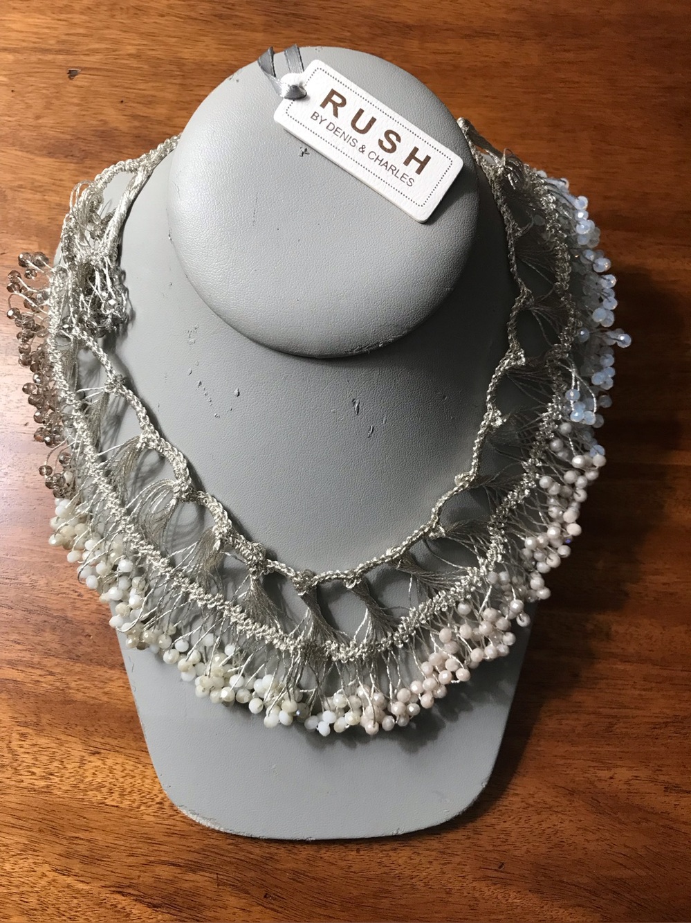 RUSH By Denis & Charles Silver Crochet Beaded Fringe Necklace in White